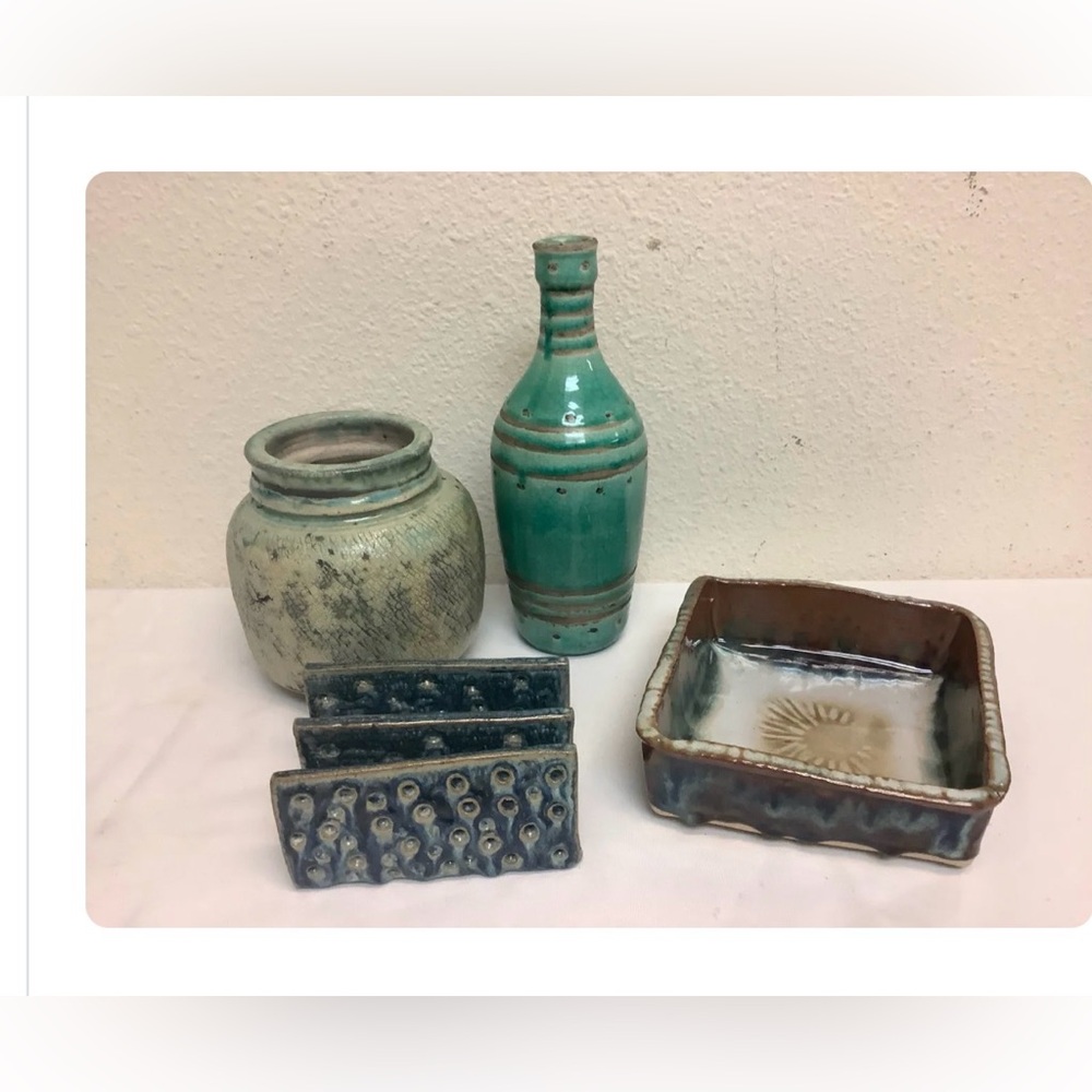 Vtg Art Clay Pottery Collection 2 Vases, Square Trinket Holder, Desk Mail Holder